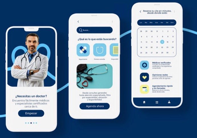 Tres pantallas de la app de Addison AI: bienvenida con un médico, búsqueda de especialistas y agenda con calendario