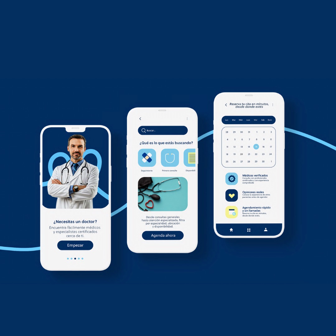 Tres pantallas de la app de Addison AI: la de bienvenida con la foto de un médico, la de búsqueda de especialistas y la de agenda con el calendario