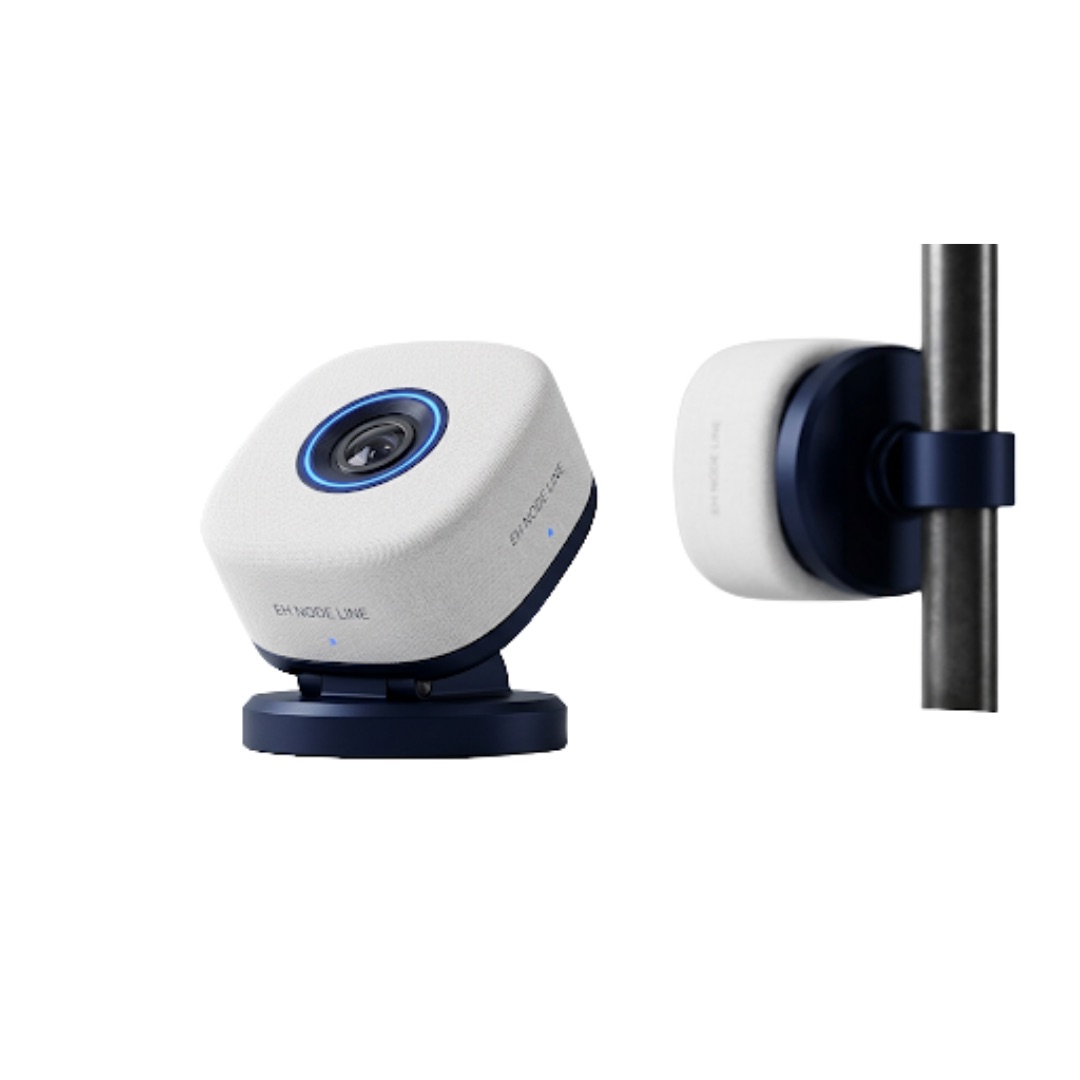 Dos vistas del sensor EH Node de EcoHero: sobre su base y sujeto a un poste
