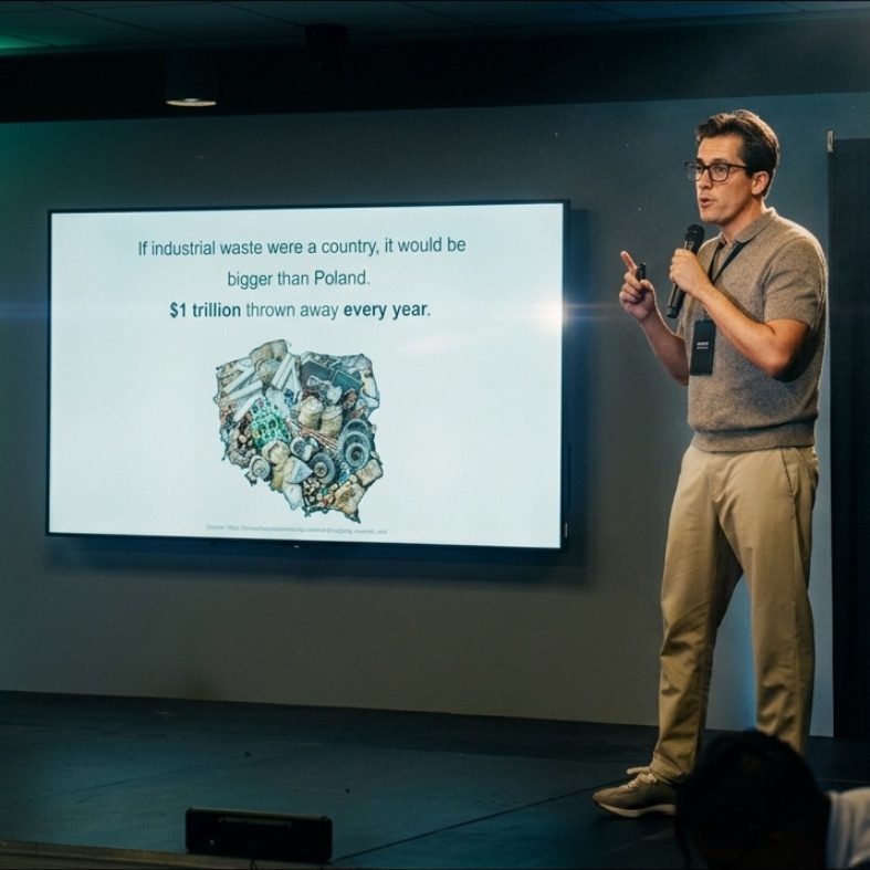 Edgar Temores presentando EcoHero ante una diapositiva que dice que se tira un billón de dólares en residuo industrial cada año