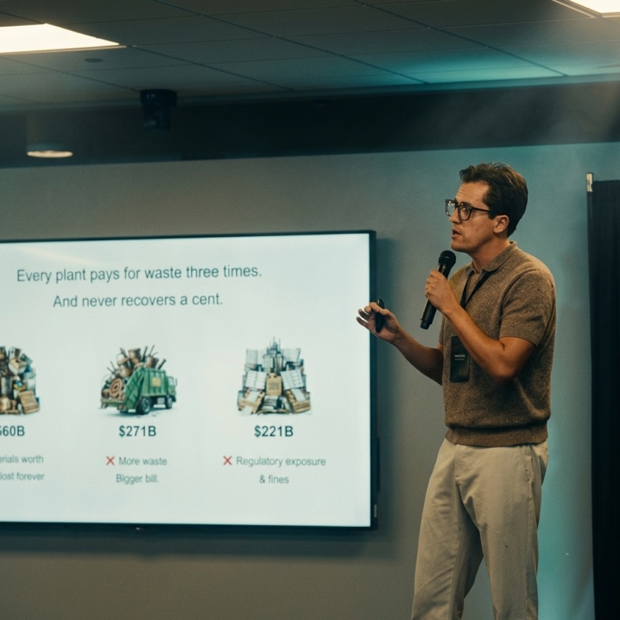 Edgar Temores presentando EcoHero ante una pantalla con el costo del desperdicio industrial
