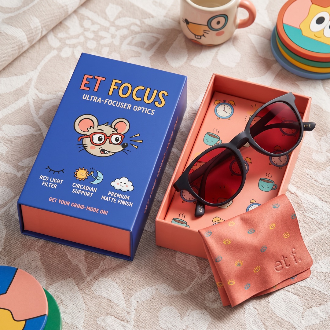 Caja de ET FOCUS abierta sobre una mesa, con unos lentes de armazón oscuro y cristales rojos y un paño de limpieza estampado