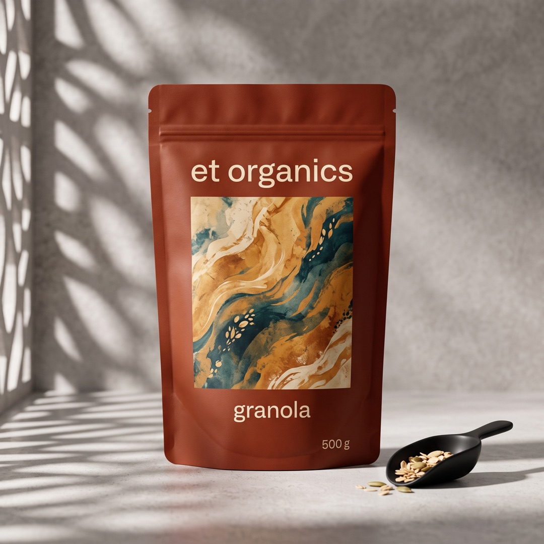 Bolsa de granola et organics de 500 gramos, con una etiqueta de olas azules y doradas, junto a una cuchara negra con avena