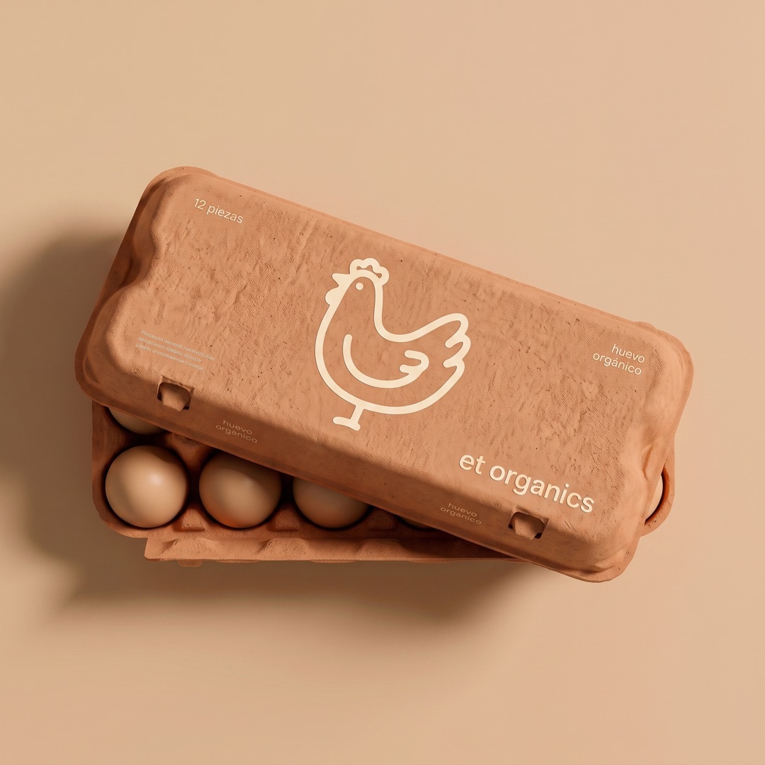Cartón de huevo de cartulina reciclada con la marca et organics y una gallina dibujada en la tapa, abierto y con seis huevos dentro