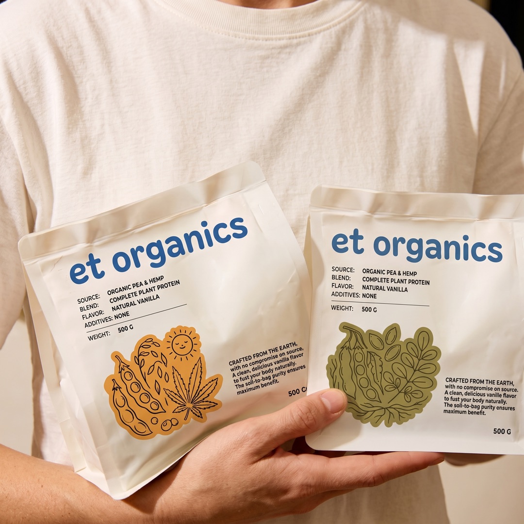 Dos bolsas de 500 gramos sostenidas por una persona, con la ficha impresa: proteína vegetal de chícharo y cáñamo, sabor vainilla natural