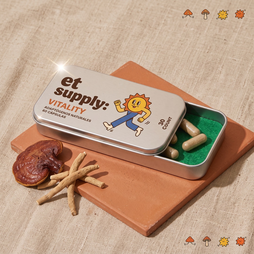 Lata de et supply abierta sobre una baldosa de barro, con las cápsulas dentro y, al lado, un hongo reishi seco y unas raíces claras