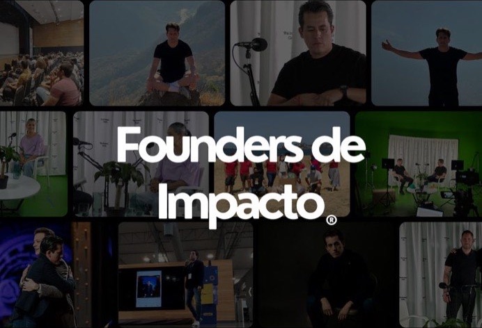 Quince fotografías del programa Founders de Impacto en retícula: una sala con público, una grabación de pódcast, un grupo en la playa y un estudio con fondo verde, con el nombre del programa sobrepuesto en blanco