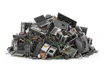 Montón de residuo electrónico —computadoras, monitores, cables y placas— sobre fondo blanco